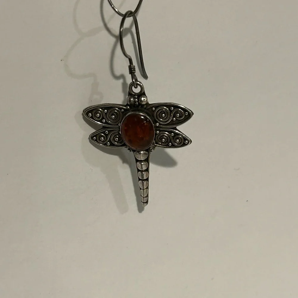 Dragonfly Silver and Amber Earrings - Picture 5 of 8
